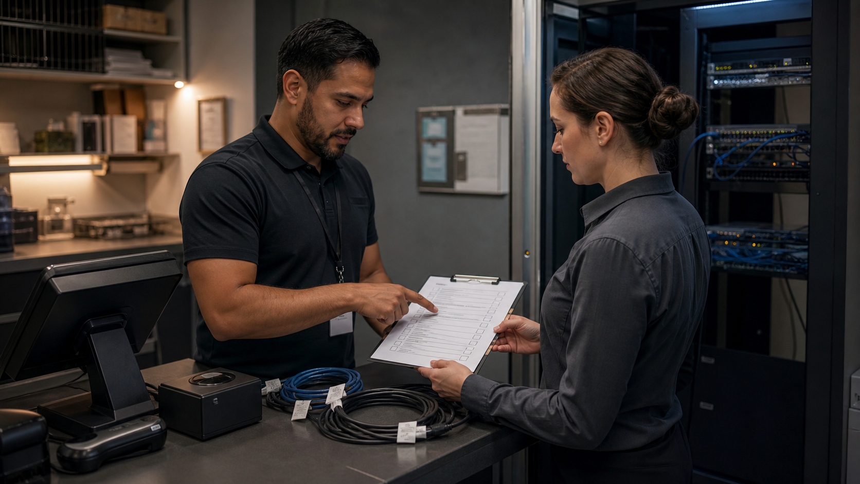 Support specialist and restaurant manager reviewing a brand-neutral maintenance checklist