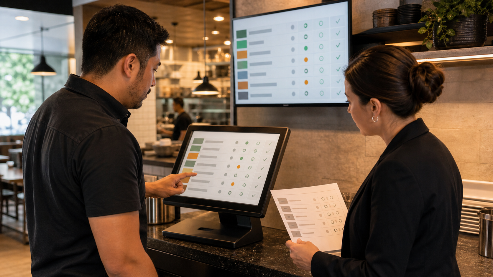 Restaurant support technician and manager validating abstract deployment checks